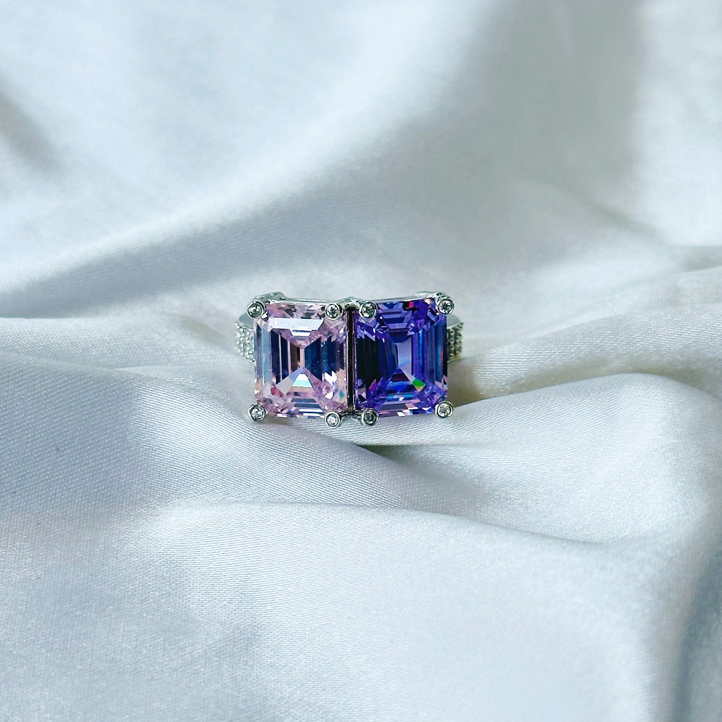 Pink Topaz & Light Purple Amethyst Cubic Zirconia Ice Cut American Diamond Silver Plated Adjustable Ring