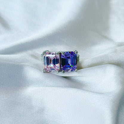 Pink Topaz & Light Purple Amethyst Cubic Zirconia Ice Cut American Diamond Silver Plated Adjustable Ring