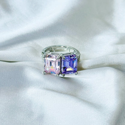 Pink Topaz & Light Purple Amethyst Cubic Zirconia Ice Cut American Diamond Silver Plated Adjustable Ring