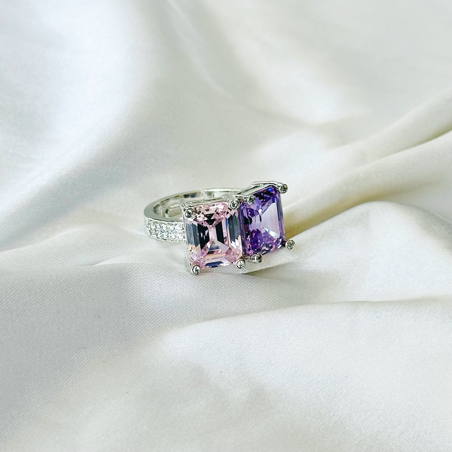 Pink Topaz & Light Purple Amethyst Cubic Zirconia Ice Cut American Diamond Silver Plated Adjustable Ring