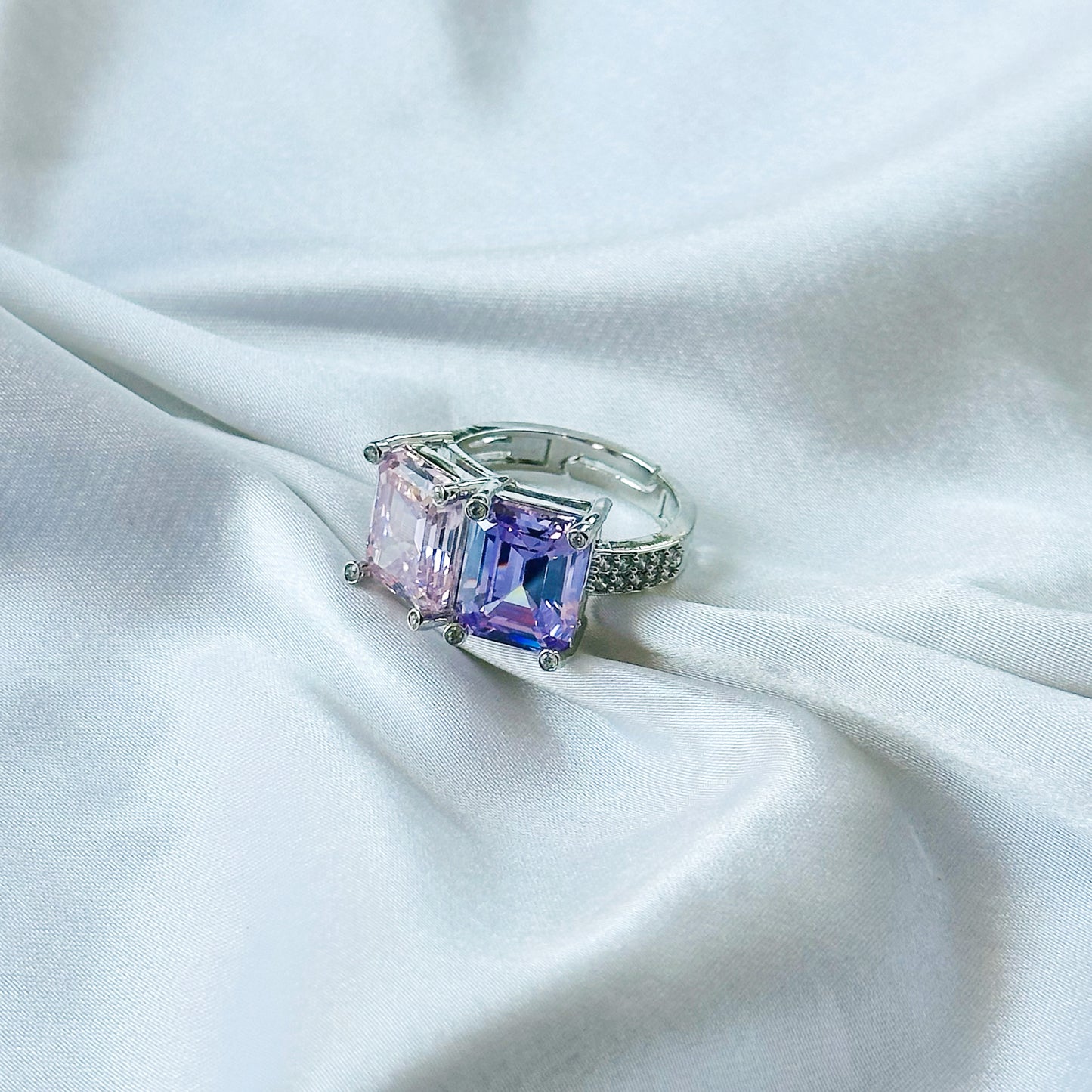 Pink Topaz & Light Purple Amethyst Cubic Zirconia Ice Cut American Diamond Silver Plated Adjustable Ring