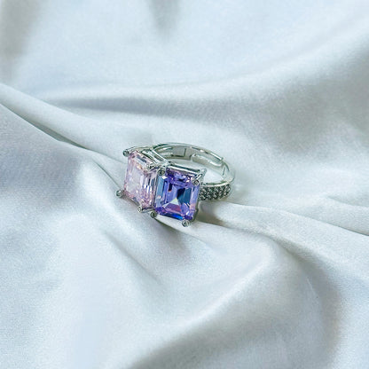 Pink Topaz & Light Purple Amethyst Cubic Zirconia Ice Cut American Diamond Silver Plated Adjustable Ring