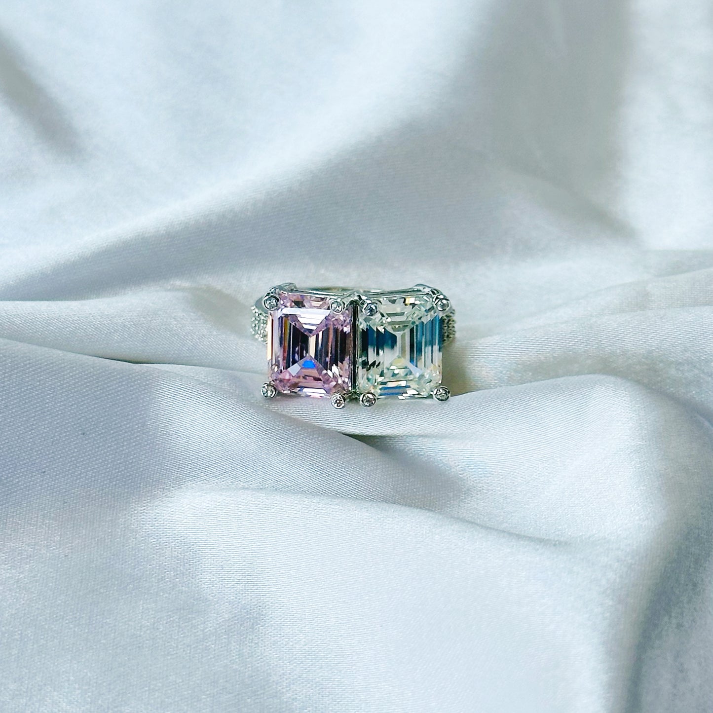 Pink Topaz & Solitaire Cubic Zirconia Ice Cut American Diamond Silver Plated Adjustable Ring