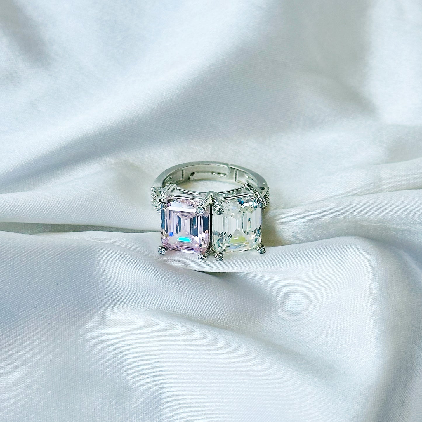 Pink Topaz & Solitaire Cubic Zirconia Ice Cut American Diamond Silver Plated Adjustable Ring