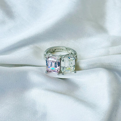 Pink Topaz & Solitaire Cubic Zirconia Ice Cut American Diamond Silver Plated Adjustable Ring