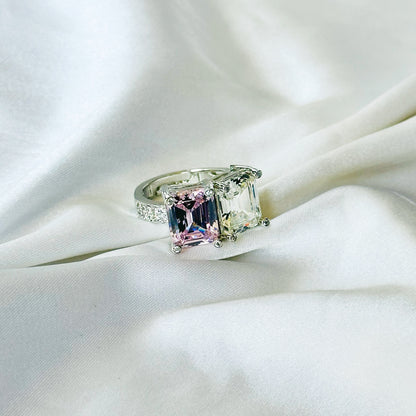 Pink Topaz & Solitaire Cubic Zirconia Ice Cut American Diamond Silver Plated Adjustable Ring