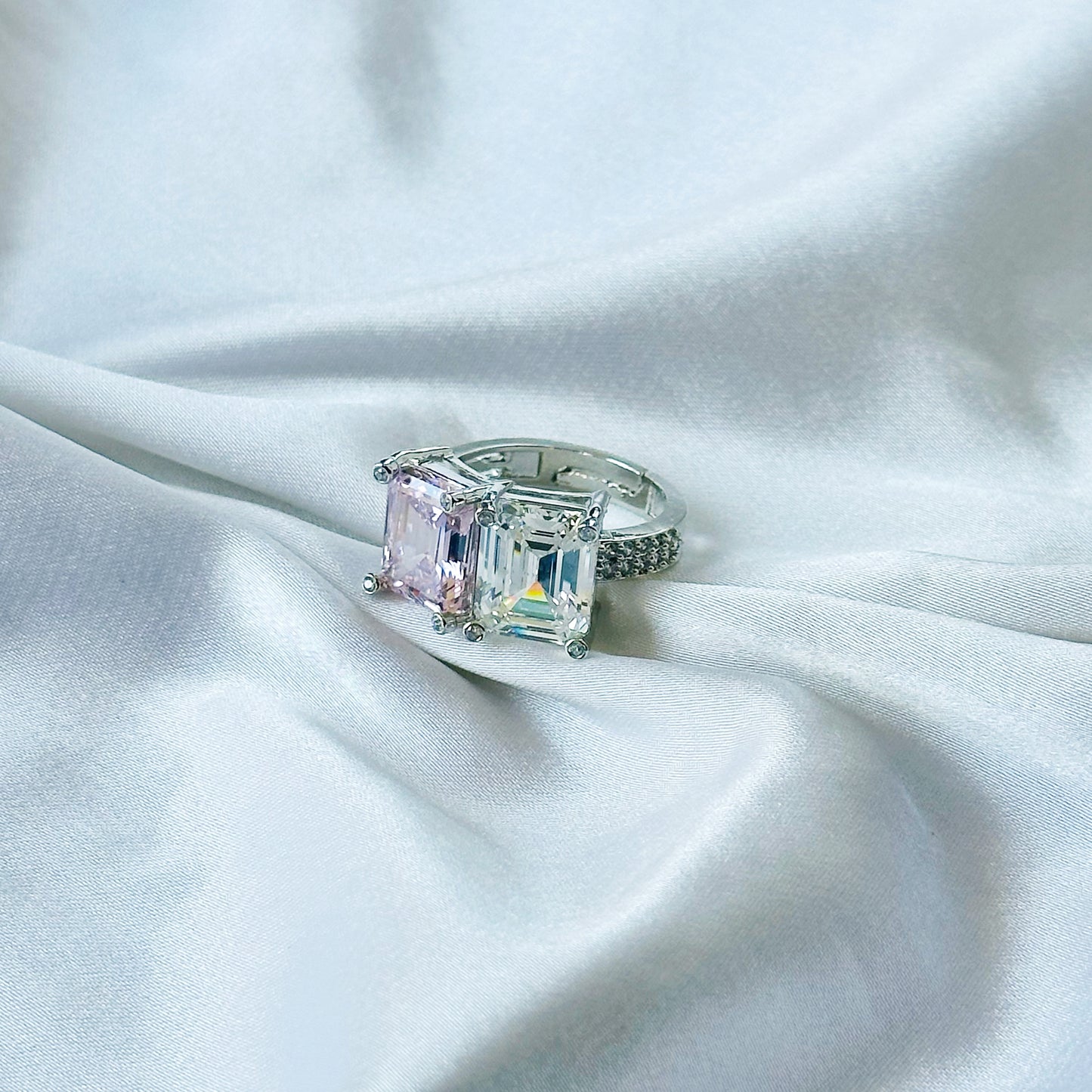 Pink Topaz & Solitaire Cubic Zirconia Ice Cut American Diamond Silver Plated Adjustable Ring