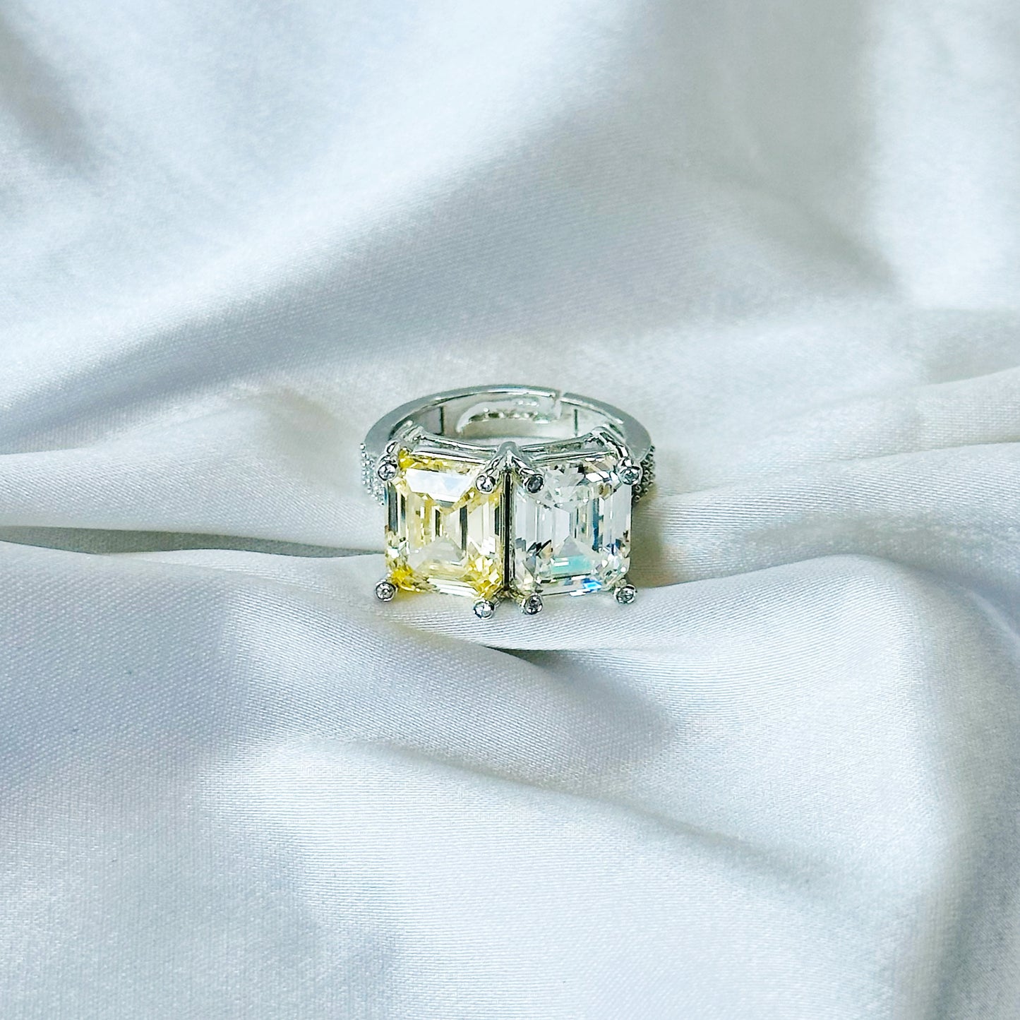 Yellow Topaz & Solitaire Cubic Zirconia Ice Cut American Diamond Silver Plated Adjustable Ring