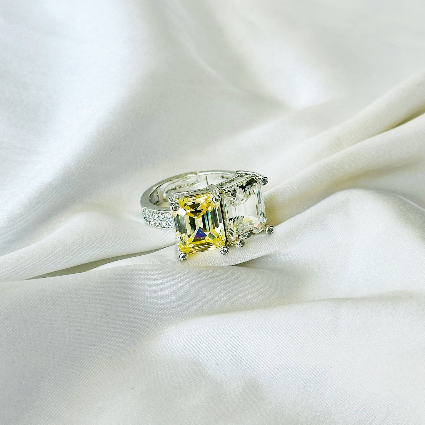Yellow Topaz & Solitaire Cubic Zirconia Ice Cut American Diamond Silver Plated Adjustable Ring