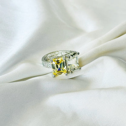 Yellow Topaz & Solitaire Cubic Zirconia Ice Cut American Diamond Silver Plated Adjustable Ring