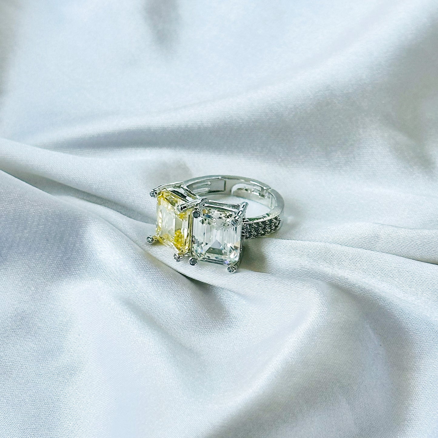 Yellow Topaz & Solitaire Cubic Zirconia Ice Cut American Diamond Silver Plated Adjustable Ring
