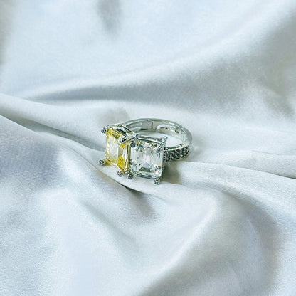 Yellow Topaz & Solitaire Cubic Zirconia Ice Cut American Diamond Silver Plated Adjustable Ring