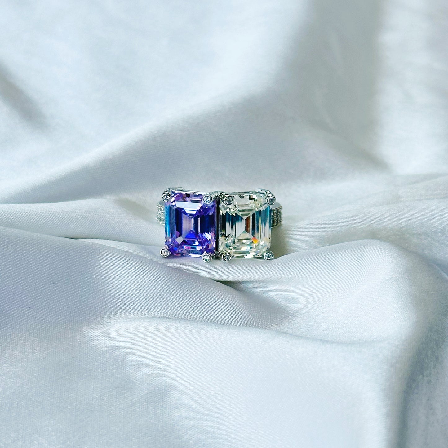Light Purple Amethyst & Solitaire Cubic Zirconia Ice Cut American Diamond Silver Plated Adjustable RIng