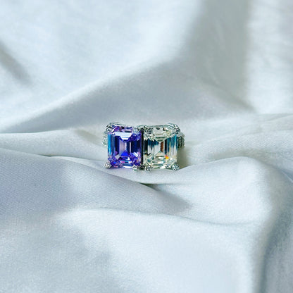 Light Purple Amethyst & Solitaire Cubic Zirconia Ice Cut American Diamond Silver Plated Adjustable RIng