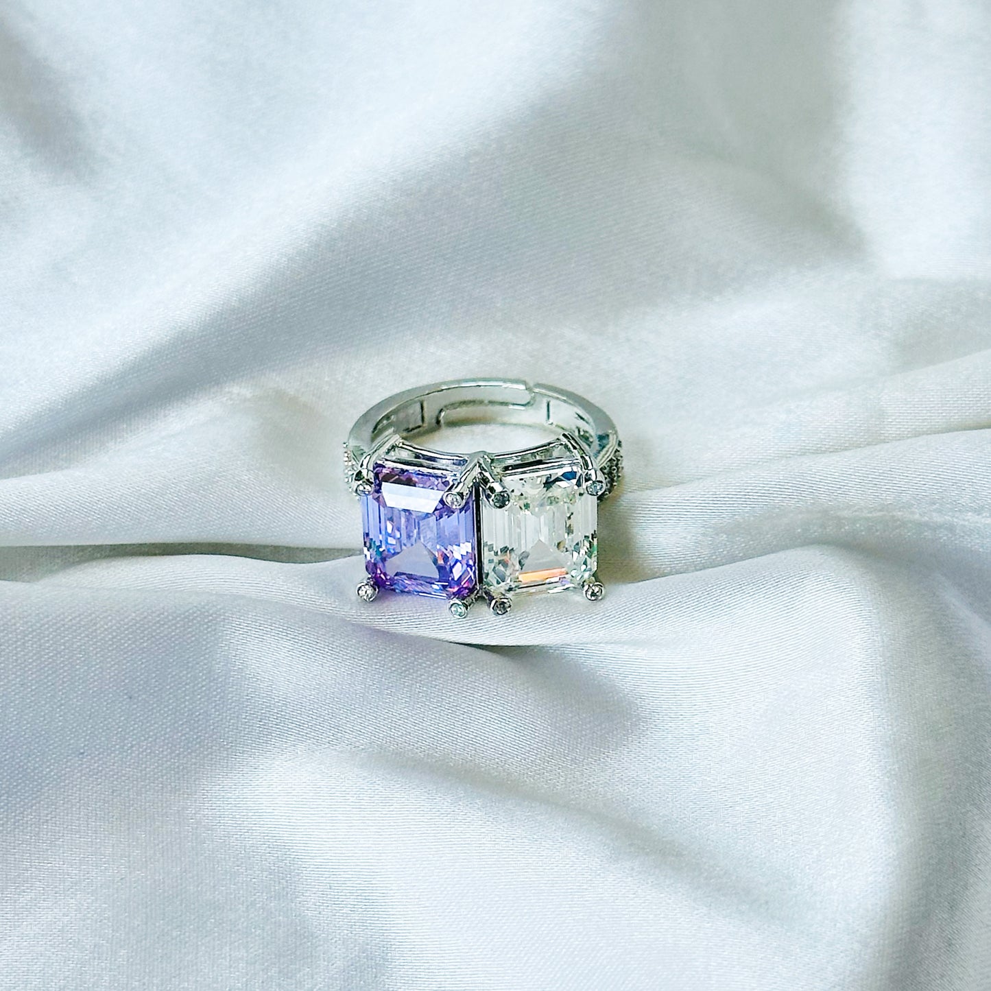 Light Purple Amethyst & Solitaire Cubic Zirconia Ice Cut American Diamond Silver Plated Adjustable RIng