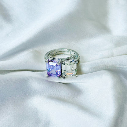 Light Purple Amethyst & Solitaire Cubic Zirconia Ice Cut American Diamond Silver Plated Adjustable RIng