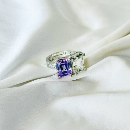 Light Purple Amethyst & Solitaire Cubic Zirconia Ice Cut American Diamond Silver Plated Adjustable RIng