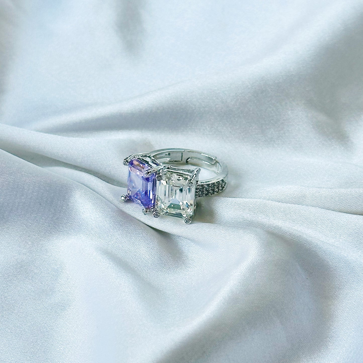 Light Purple Amethyst & Solitaire Cubic Zirconia Ice Cut American Diamond Silver Plated Adjustable RIng