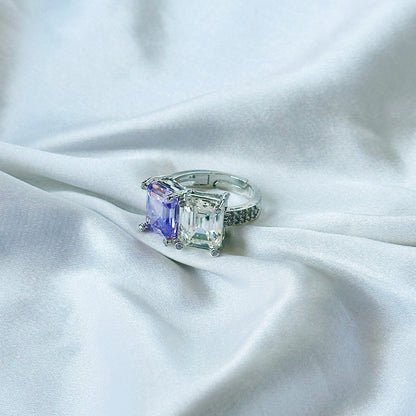 Light Purple Amethyst & Solitaire Cubic Zirconia Ice Cut American Diamond Silver Plated Adjustable RIng