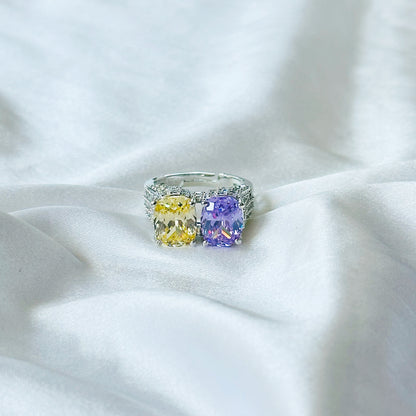 Yellow Topaz & Light Purple Amethyst Cubic Zirconia Ice Cut American Diamond Silver Plated Adjustable Ring