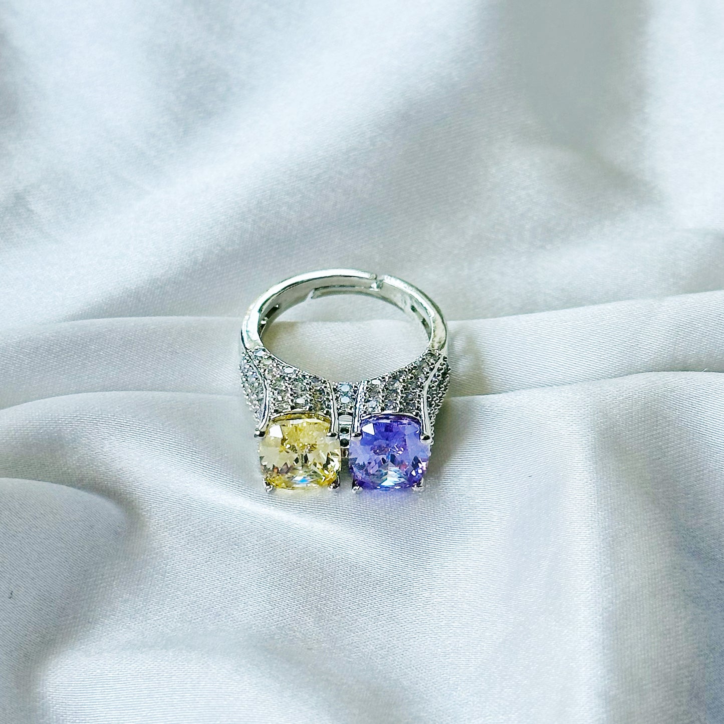 Yellow Topaz & Light Purple Amethyst Cubic Zirconia Ice Cut American Diamond Silver Plated Adjustable Ring