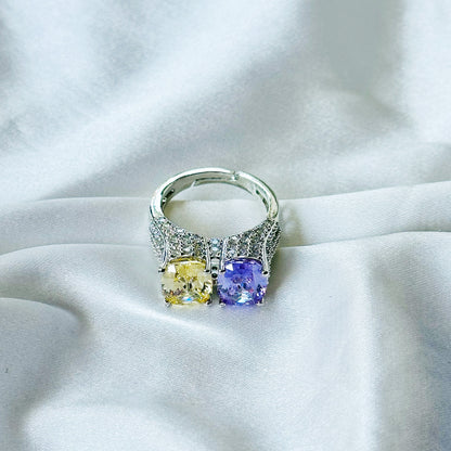 Yellow Topaz & Light Purple Amethyst Cubic Zirconia Ice Cut American Diamond Silver Plated Adjustable Ring