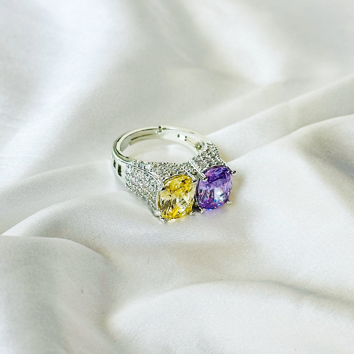 Yellow Topaz & Light Purple Amethyst Cubic Zirconia Ice Cut American Diamond Silver Plated Adjustable Ring