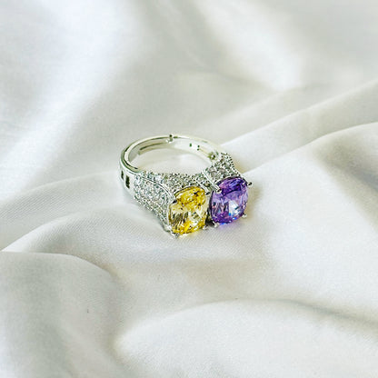 Yellow Topaz & Light Purple Amethyst Cubic Zirconia Ice Cut American Diamond Silver Plated Adjustable Ring