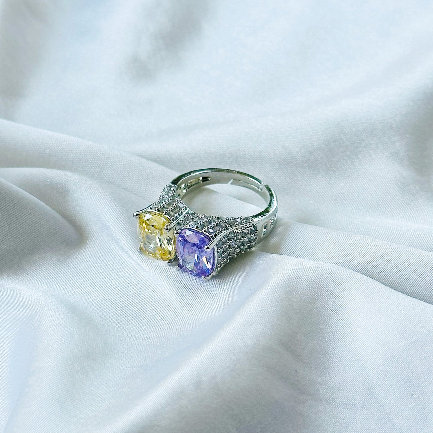 Yellow Topaz & Light Purple Amethyst Cubic Zirconia Ice Cut American Diamond Silver Plated Adjustable Ring