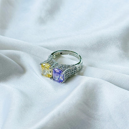 Yellow Topaz & Light Purple Amethyst Cubic Zirconia Ice Cut American Diamond Silver Plated Adjustable Ring