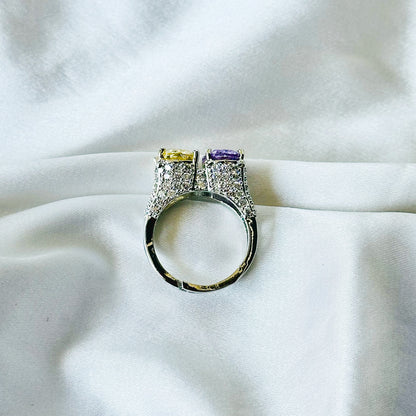 Yellow Topaz & Light Purple Amethyst Cubic Zirconia Ice Cut American Diamond Silver Plated Adjustable Ring