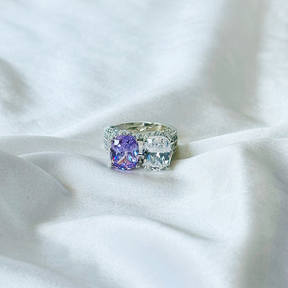 Light Purple Amethyst & Solitaire Cubic Zirconia Ice Cut American Diamond Silver Plated Adjustable Ring