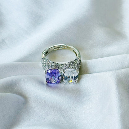 Light Purple Amethyst & Solitaire Cubic Zirconia Ice Cut American Diamond Silver Plated Adjustable Ring