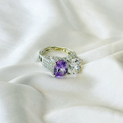Light Purple Amethyst & Solitaire Cubic Zirconia Ice Cut American Diamond Silver Plated Adjustable Ring