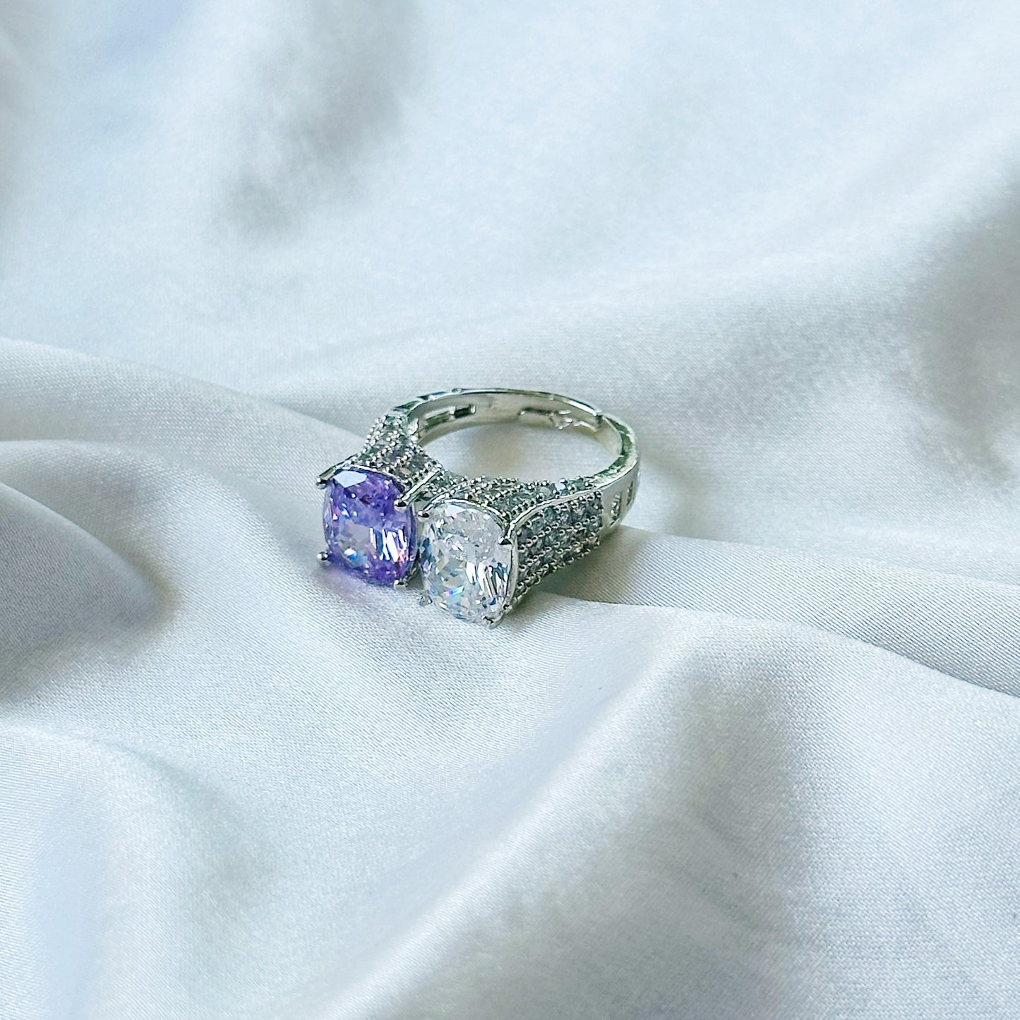 Light Purple Amethyst & Solitaire Cubic Zirconia Ice Cut American Diamond Silver Plated Adjustable Ring