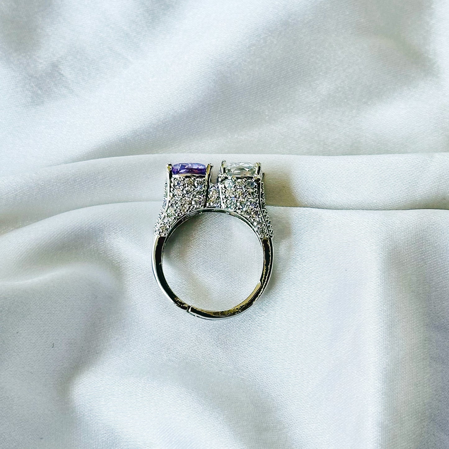 Light Purple Amethyst & Solitaire Cubic Zirconia Ice Cut American Diamond Silver Plated Adjustable Ring