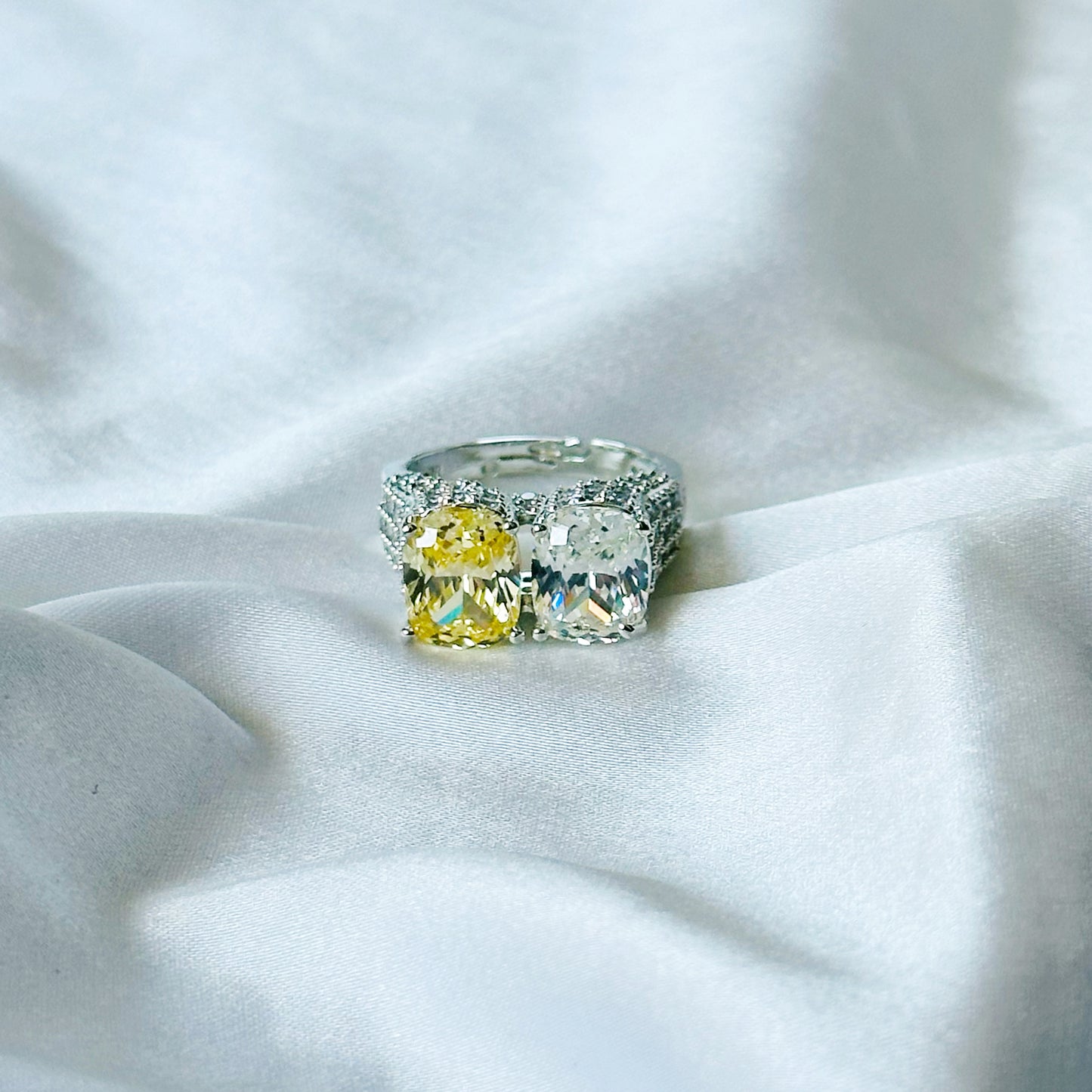 Yellow Topaz & Solitaire Cubic Zirconia Ice Cut American Diamond Silver Plated Adjustable Ring