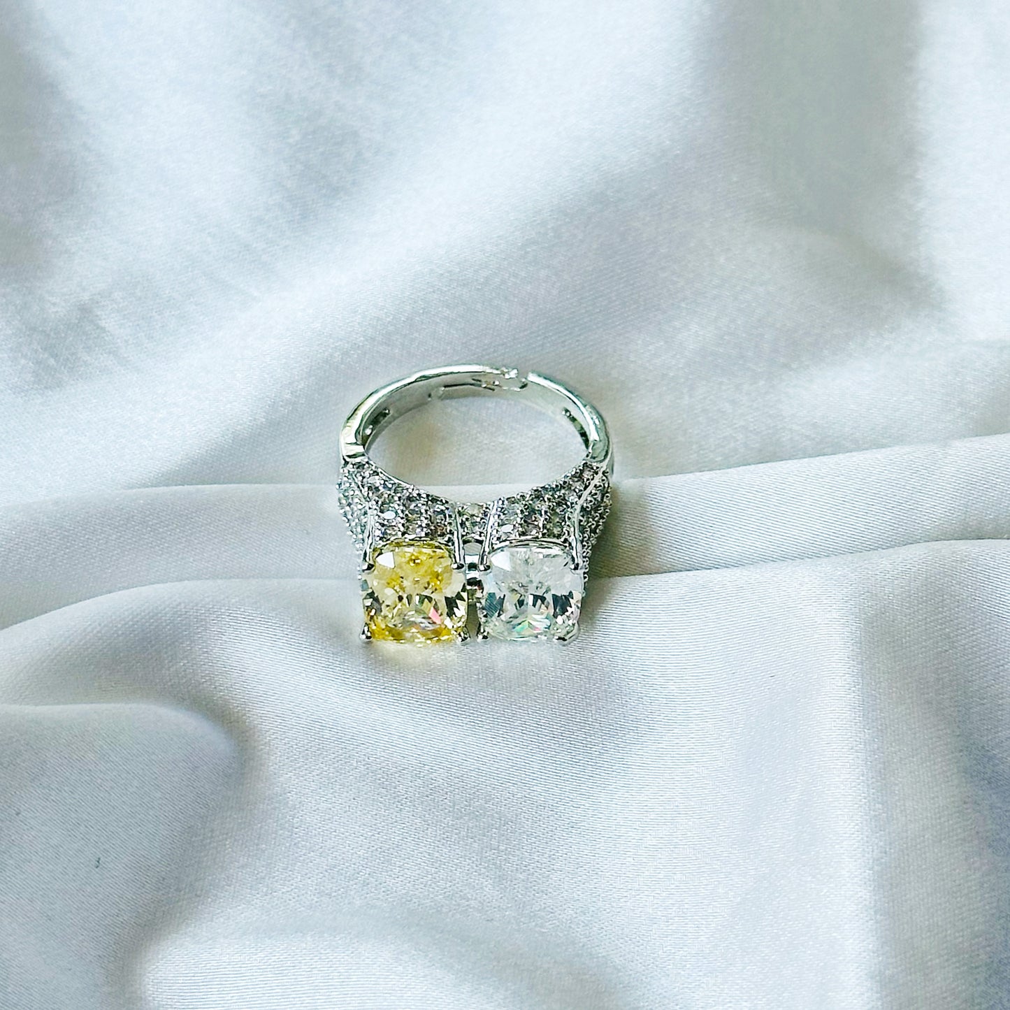 Yellow Topaz & Solitaire Cubic Zirconia Ice Cut American Diamond Silver Plated Adjustable Ring