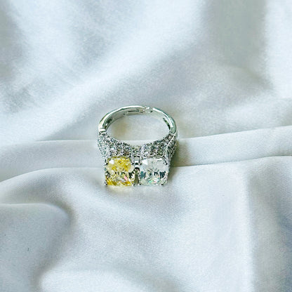 Yellow Topaz & Solitaire Cubic Zirconia Ice Cut American Diamond Silver Plated Adjustable Ring