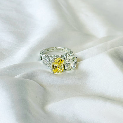 Yellow Topaz & Solitaire Cubic Zirconia Ice Cut American Diamond Silver Plated Adjustable Ring