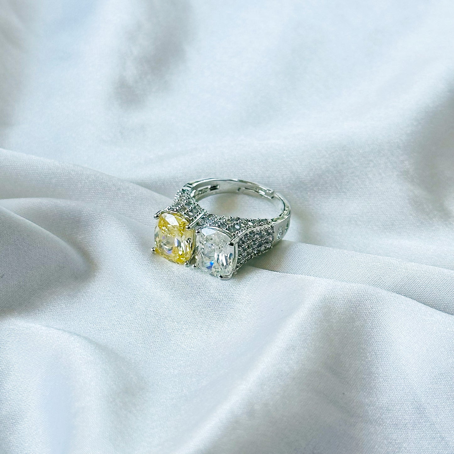 Yellow Topaz & Solitaire Cubic Zirconia Ice Cut American Diamond Silver Plated Adjustable Ring