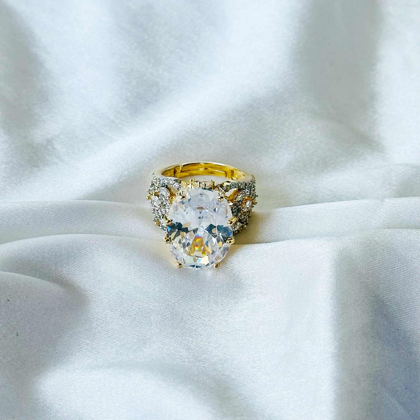 Solitaire Ice Cut American Diamond Gold Plated Adjustable Ring