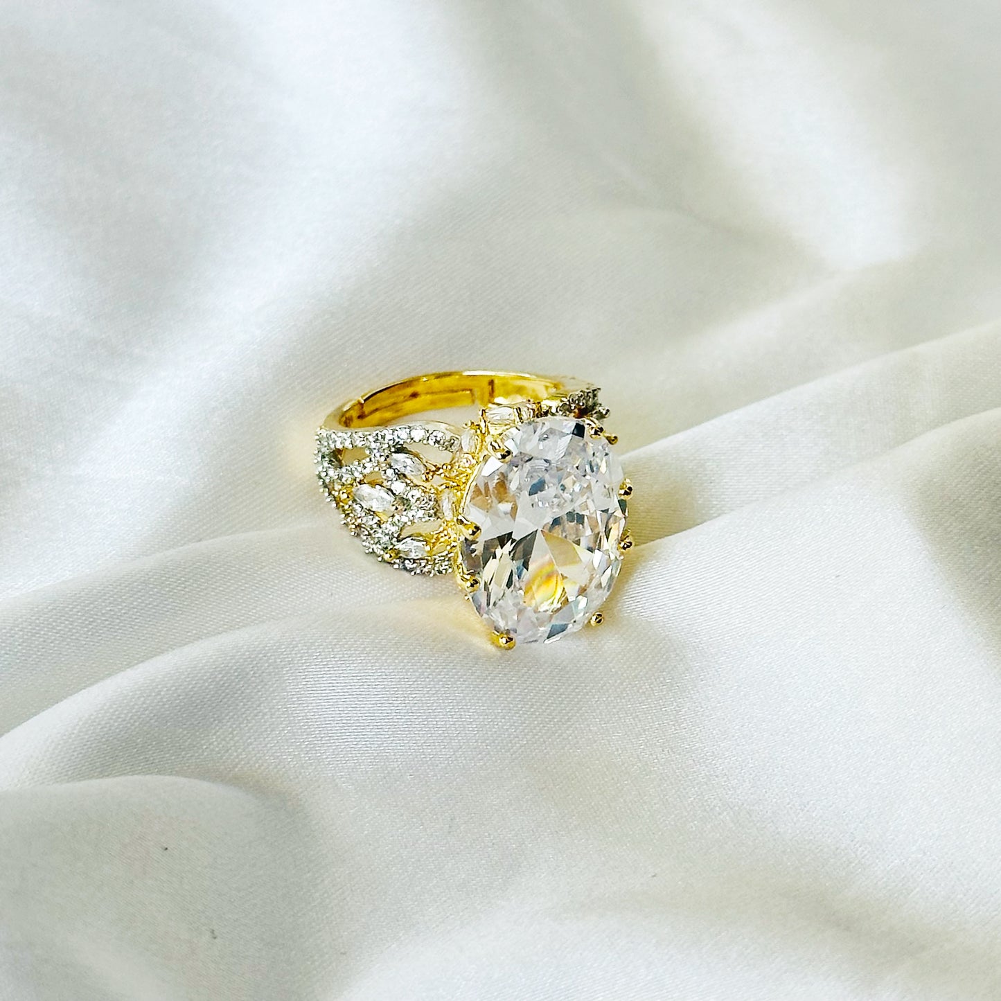 Solitaire Ice Cut American Diamond Gold Plated Adjustable Ring