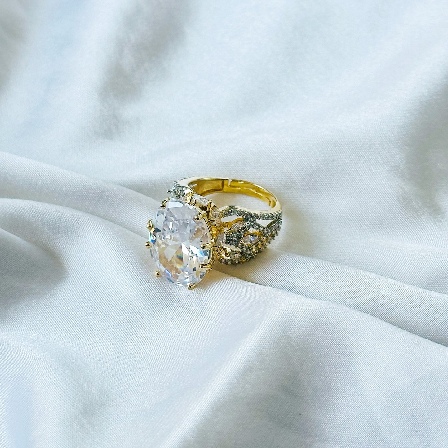 Solitaire Ice Cut American Diamond Gold Plated Adjustable Ring