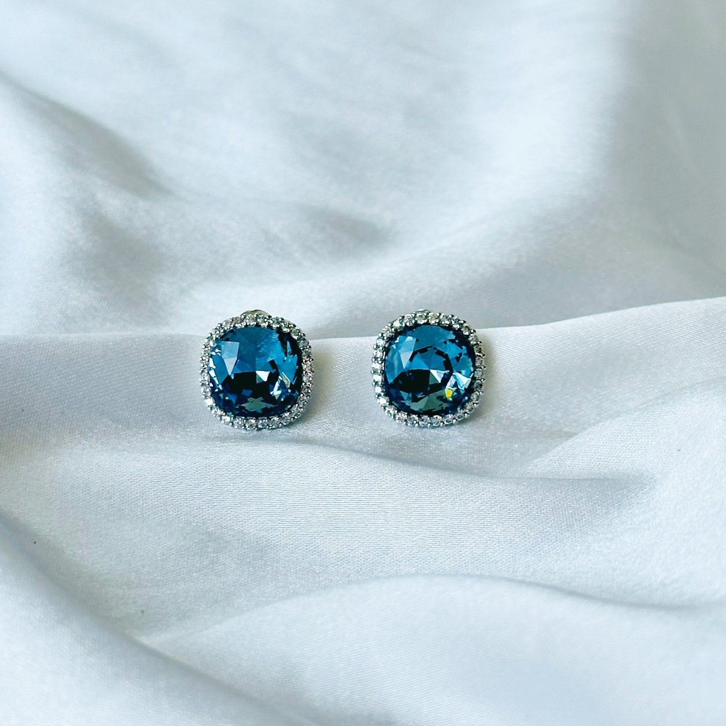 Dark Indigo Blue Swarovski Crystal American Diamond Silver Plated Earrings