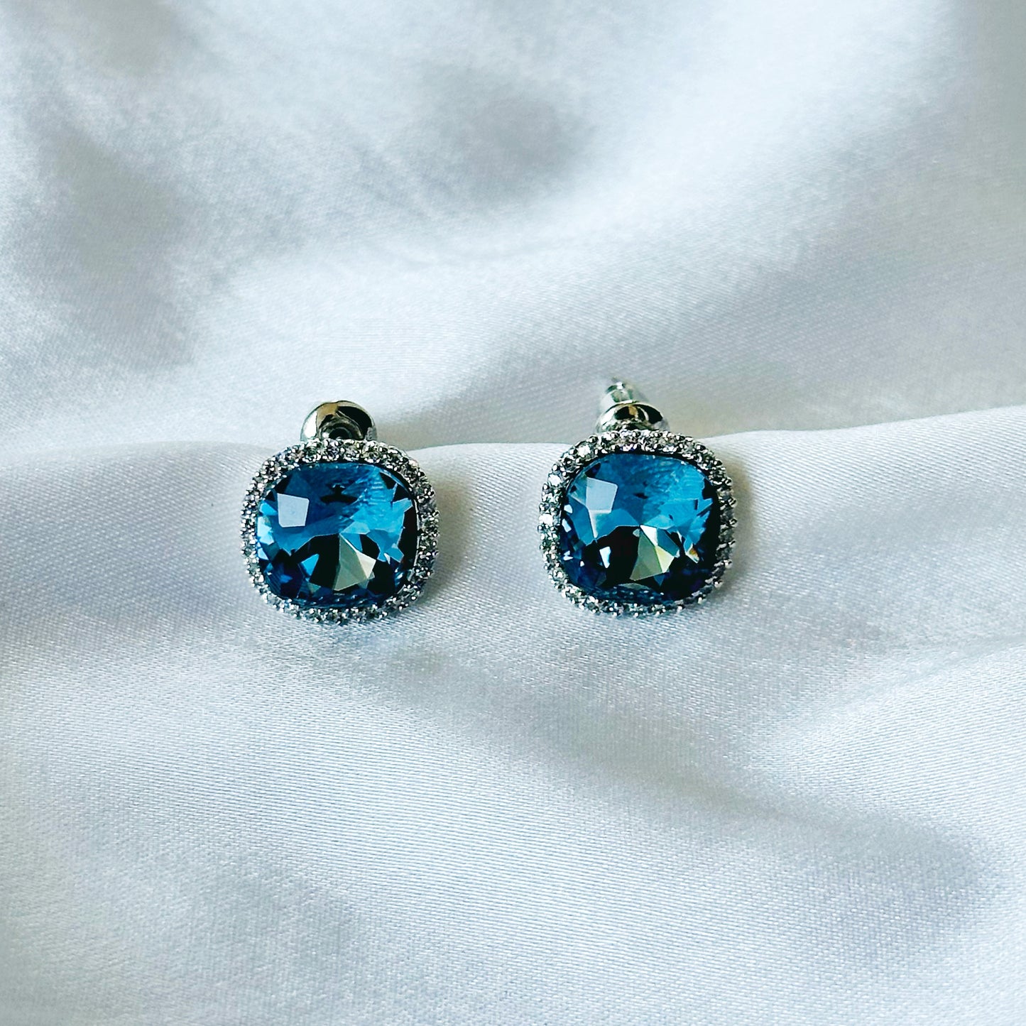 Dark Indigo Blue Swarovski Crystal American Diamond Silver Plated Earrings