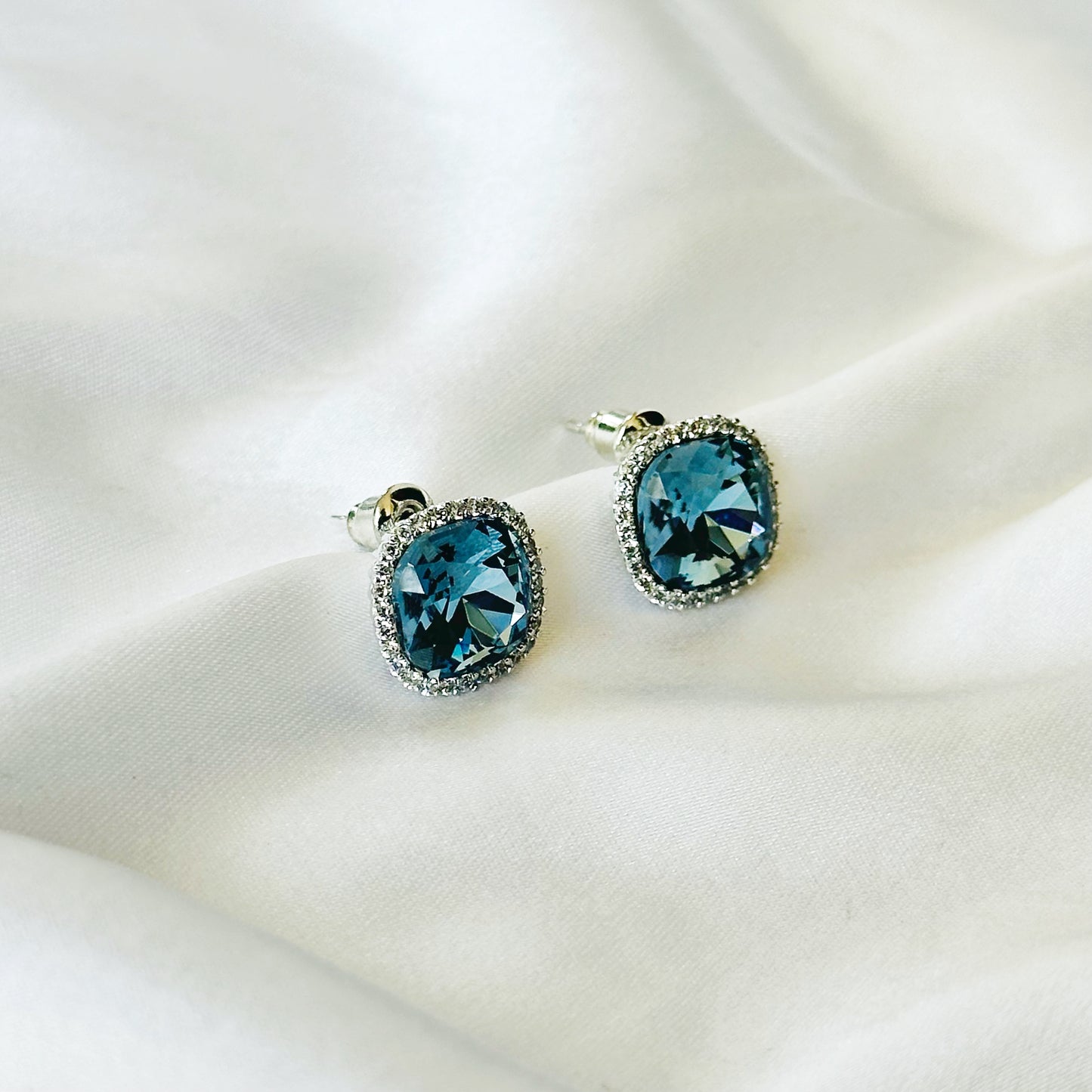 Dark Indigo Blue Swarovski Crystal American Diamond Silver Plated Earrings