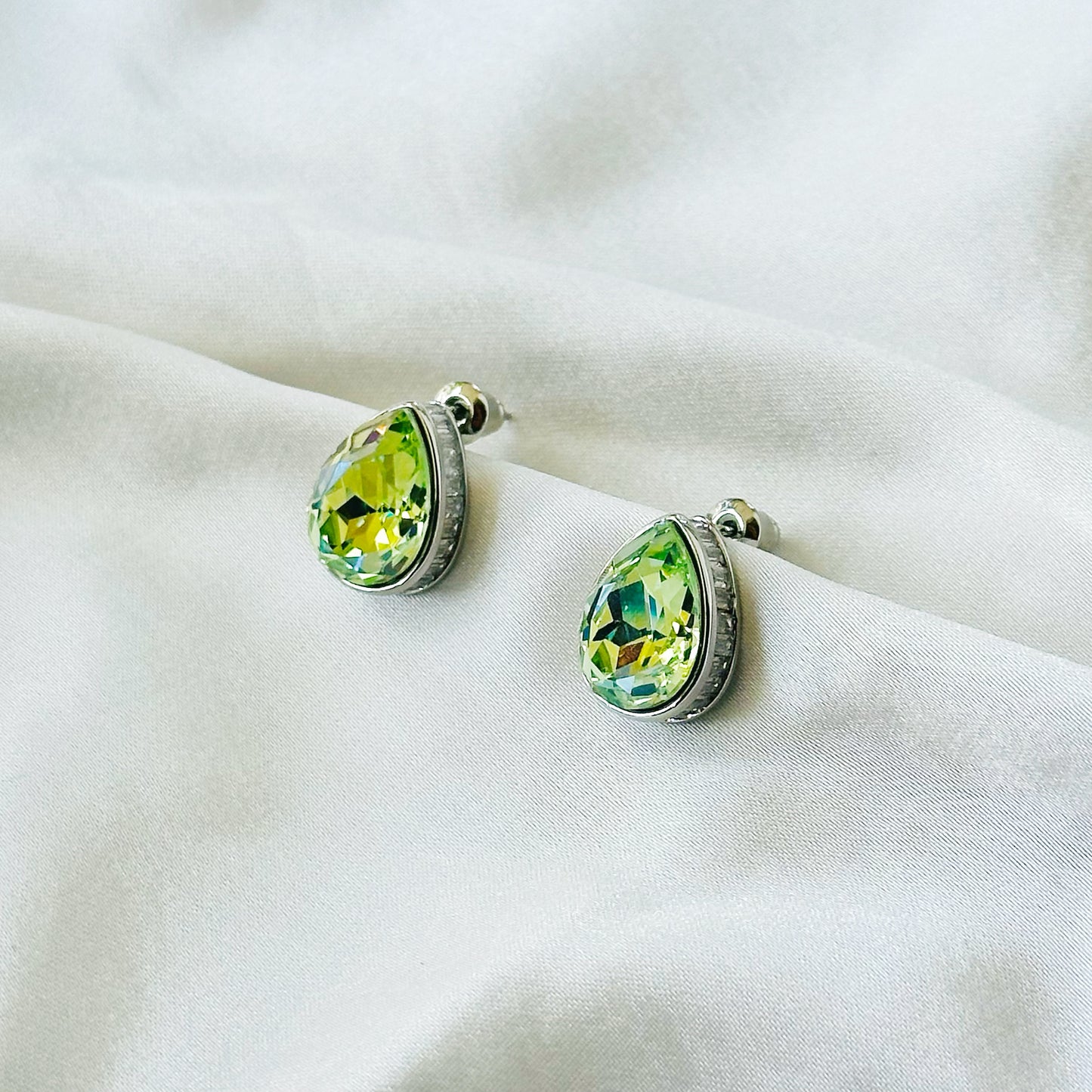 Green Peridot Swarovski Crystal Silver Plated Stud Earrings