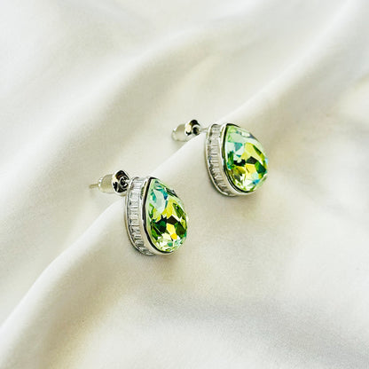 Green Peridot Swarovski Crystal Silver Plated Stud Earrings