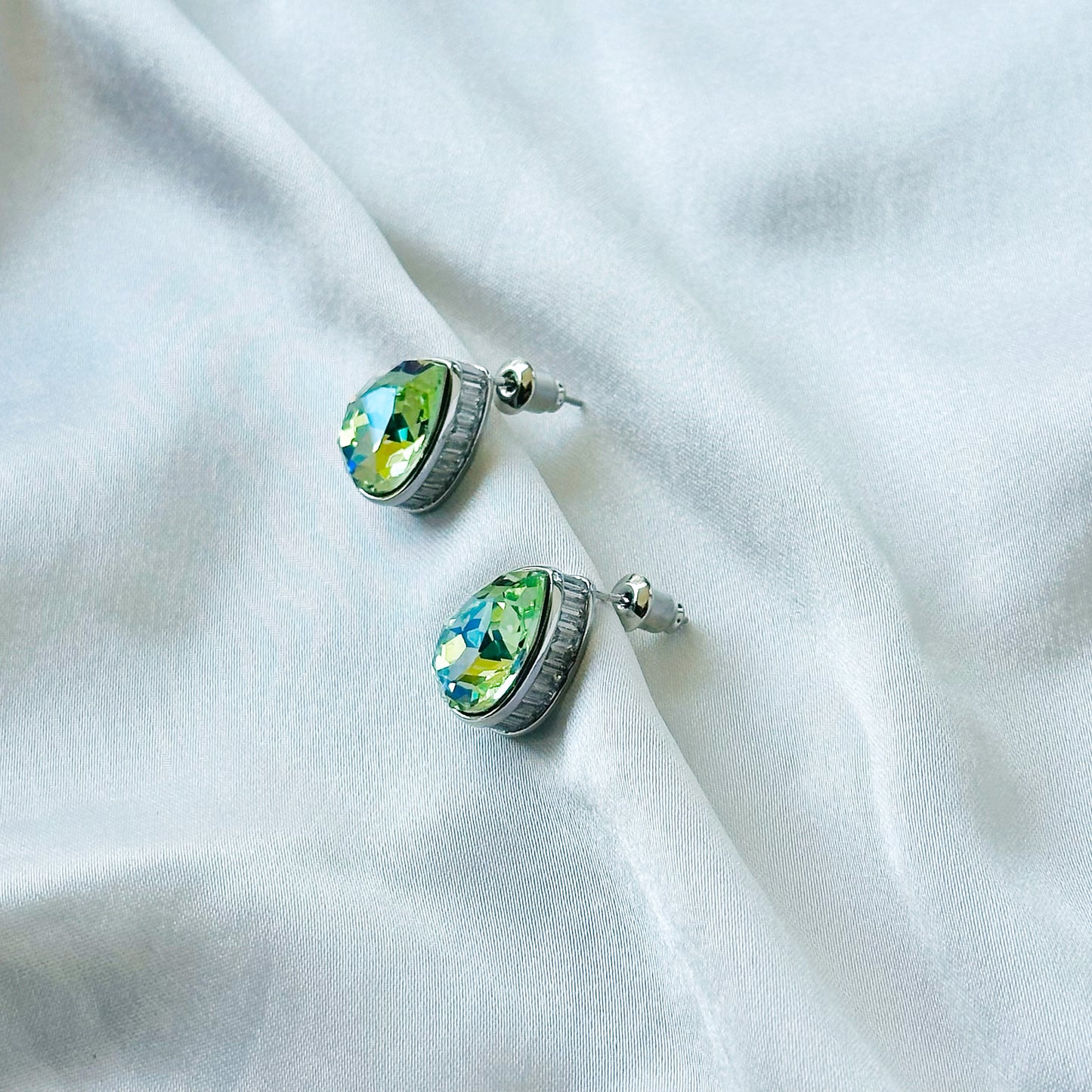 Green Peridot Swarovski Crystal Silver Plated Stud Earrings